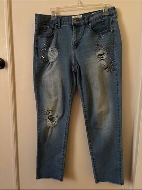Jessica Simpson Light Blue Distressed Boyfriend Jeans with Stud Embellishments